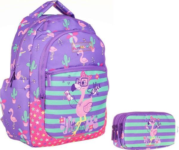 Kaukko Mor Pembe Flamingo Okul Sırt Çantası ve Kalemlik Seti - Kız Çocuk - Image 1