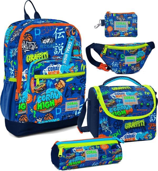 Coral High Erkek Çocuk Saks Grafiti Desenli Beşli İlkokul Okul Çanta Seti - Image 1