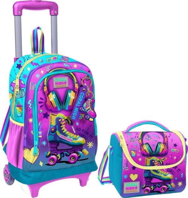 Coral High Pembe Turkuaz Kulaklık Paten Işıklı Tekerlekli Okul Çantası ve Beslenme Seti - Kız Çocuk - Image 1
