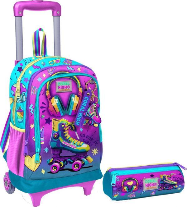 Coral High Pembe Turkuaz Kulaklık Paten Işıklı Tekerlekli Çekçek Çanta ve Kalemlik Seti - Kız Çocuk - Image 1