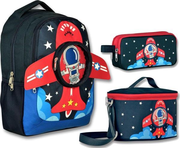 Cennec 3D Astronot Baskılı ve Kanatlı Okul Çantası Beslenme Çantası ve Kalem Çantası Seti - Lacivert - Erkek Çocuk - Image 1