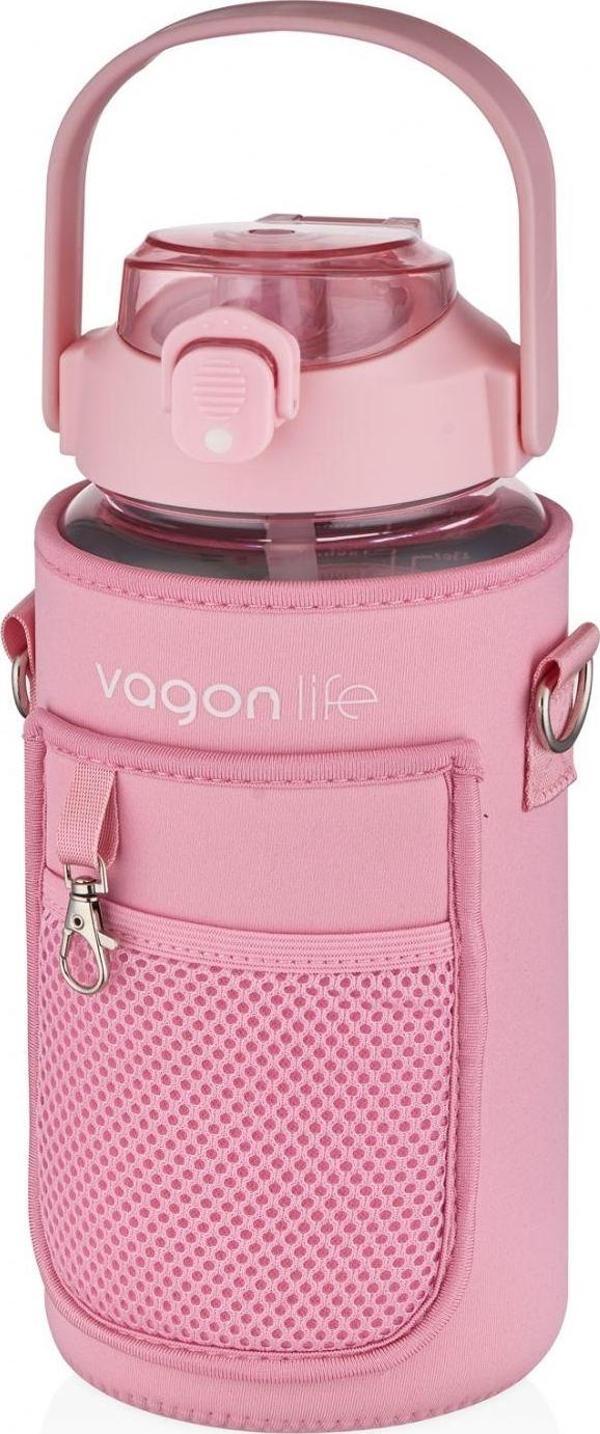 Vagıonlife 1500 ml Askılı Pipetli/Pipetsiz Kumaş Korumalı Pembe Spor ve Günlük Matara - Telefon Cepli - Image 1