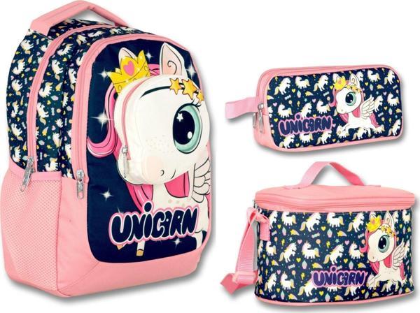 Cennec 3D Unicorn Lacivert-Pembe Kız Çocuk Üçlü İlkokul Çanta Seti - Image 1