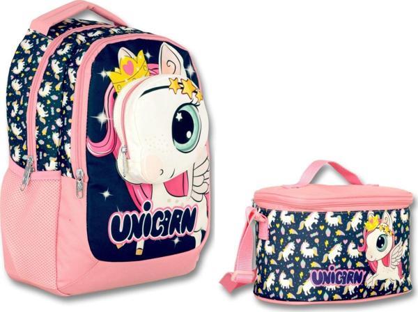 Cennec 3D Unicorn İlkokul Sırt Çantası ve Beslenme Çantası Seti - Kız Çocuk - Lacivert-Pembe - Image 1
