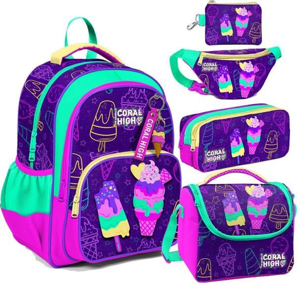 Coral High Mor Pembe Dondurma Desenli Kız Çocuk Beşli Okul Çanta Seti - İlkokul ve Ortaokul İçin Uygun - Image 1