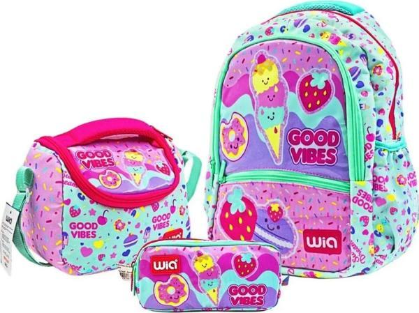 Wia Ice Cream Dondurma Baskılı Kız Çocuk Üçlü Okul Çanta Seti - Su Yeşili-Pembe - Image 1
