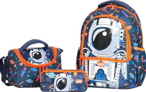 Wia Astronot Baskılı Erkek Çocuk Üçlü Çanta Seti - Lacivert - Image 1