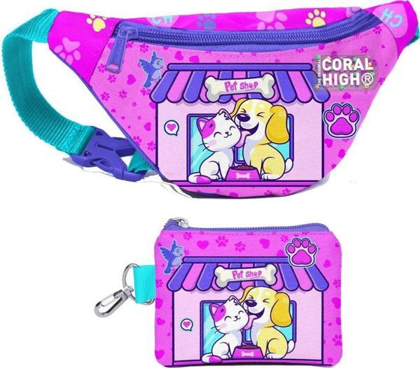 Coral High Kız Çocuk Kedi Köpek Desenli Bel Çantası ve Bozuk Para Cüzdanı Set - Image 1