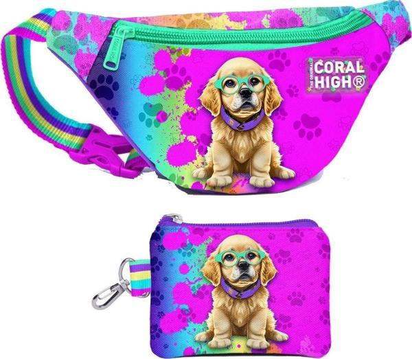 Coral High Kız Çocuk Mor Pembe Köpek Desenli Bel Çantası ve Bozuk Para Cüzdanı Set - Image 1