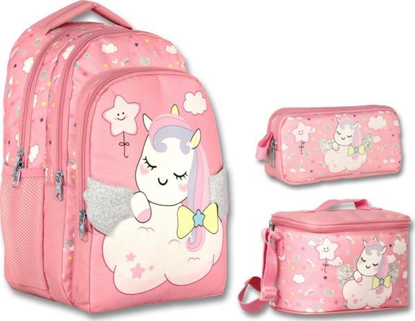 Ümit Çanta Cennec Işıltılı Kanatlar Unicorn Baskılı Üçlü İlkokul Çanta Seti - Pembe - Kız Çocuk - Image 1