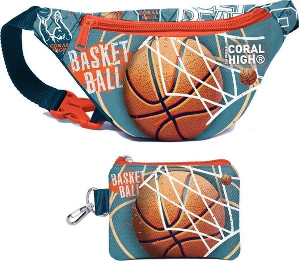 Coral High Erkek Çocuk Nefti Turuncu Basketbol Desenli Bel Çantası ve Bozuk Para Cüzdanı Set - Image 1