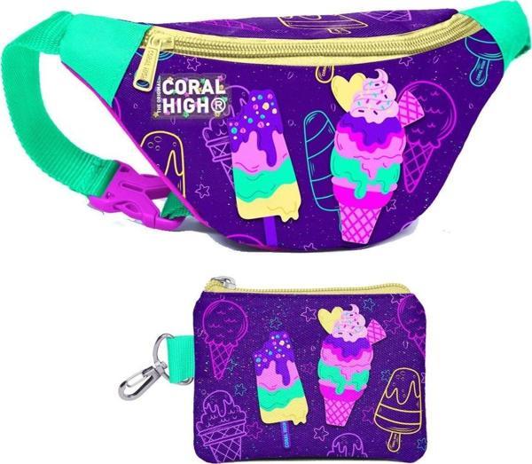 Coral High Kız Çocuk Mor Pembe Dondurma Desenli Bel Çantası ve Bozuk Para Cüzdanı Set - Image 1