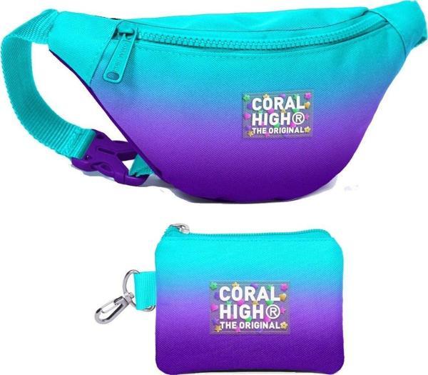 Coral High Erkek Çocuk Turkuaz Mor Renk Geçişli Desenli Bel Çantası ve Bozuk Para Cüzdanı Set - Image 1