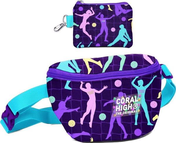 Coral High Kız Çocuk Mor Voleybol Desenli Bel Çantası ve Bozuk Para Cüzdanı Set - Image 1