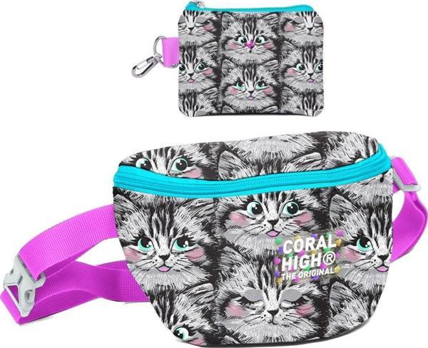 Coral High Kız Çocuk Gri Kedi Desenli Bel Çantası ve Bozuk Para Cüzdanı Set - Image 1