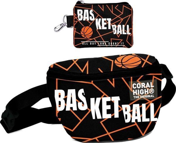 Coral High Erkek Çocuk Siyah Basketbol Desenli Bel Çantası ve Bozuk Para Cüzdanı Set - Image 1