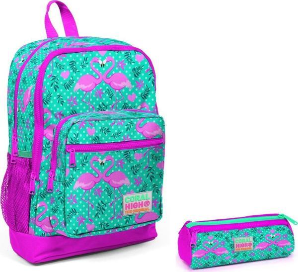 Coral High İlkokul Sırt Çantası ve Kalemlik Seti - Yeşil Flamingo Baskılı - Image 1