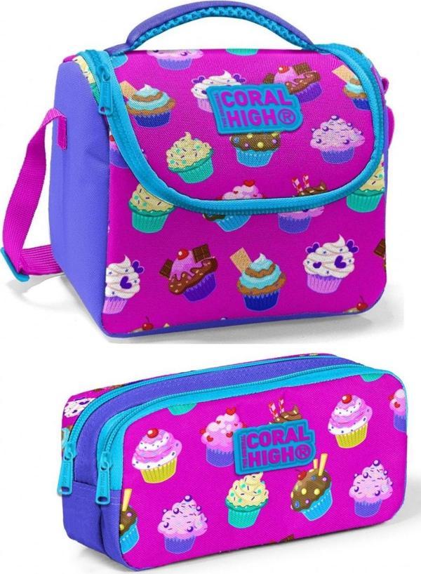 Coral High Mor Cupcake Kız Çocuk Beslenme Çantası Seti - Image 1