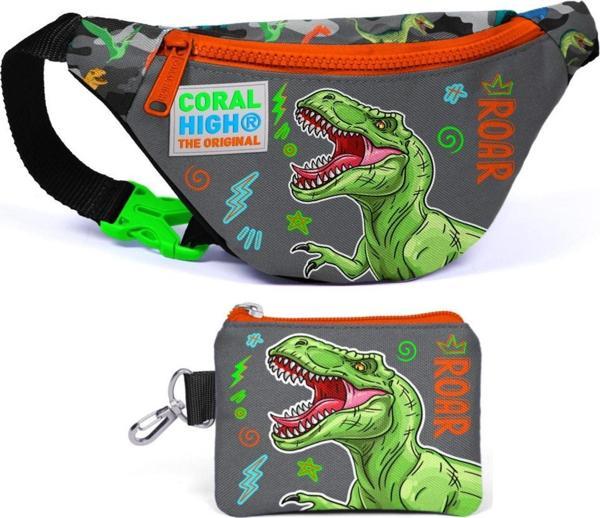 Coral High Gri Yeşil Dinazor Bel Çantası ve Bozuk Para Çantası Seti - Erkek Çocuk - Image 1