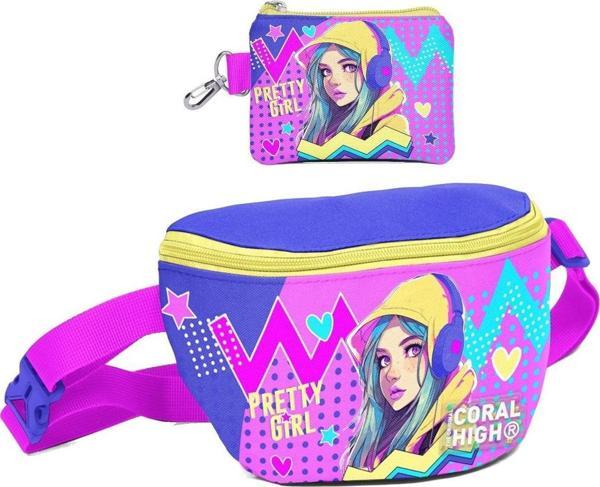 Coral High Kız Çocuk Lavanta Turkuaz Kulaklıklı Kız Desenli Bel Çantası ve Bozuk Para Cüzdanı Set - Image 1