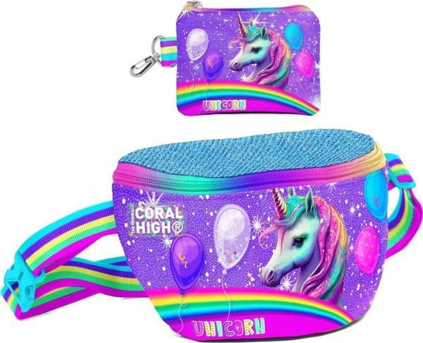 Coral High Kız Çocuk Mor Simli Unicorn Desenli Bel Çantası ve Bozuk Para Cüzdanı Set - Image 1