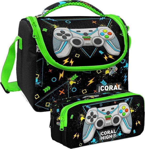 Coral High Siyah Fosforlu Yeşil Gamer Desenli Erkek Çocuk Isı Yalıtımlı Beslenme Çantası ve Kalemlik Seti - Image 1
