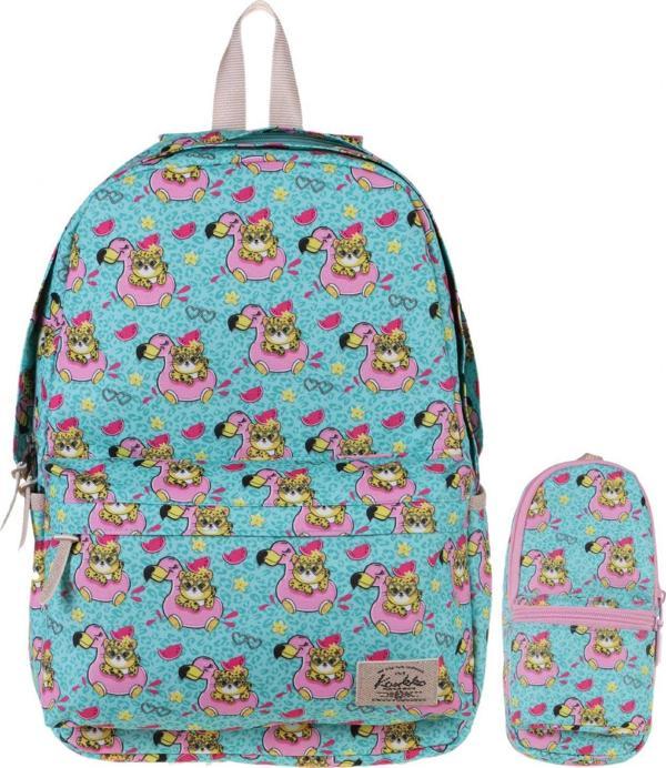 Kaukko Nature Turkuaz Aslan Flamingo Okul ve Günlük Sırt Çanta Seti - Image 1