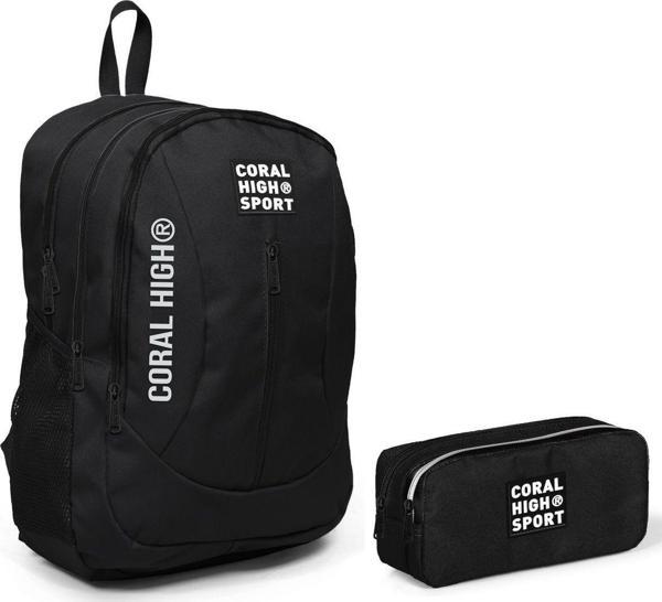 Coral High Sport Siyah Okul Çantası ve Kalemlik Seti - Dört Bölmeli - USB Çıkışlı - Image 1