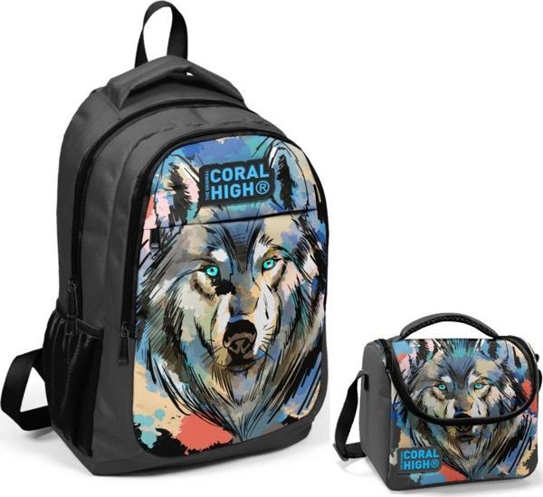 Coral High Siyah Kurt Okul Sırt ve Beslenme Çantası Seti - Image 1