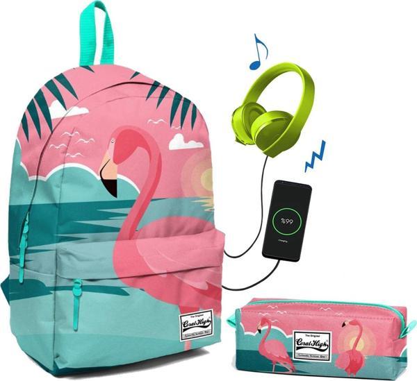 Coral High Yeşil Flamingo Desenli Okul ve Günlük Çanta Seti - Image 1