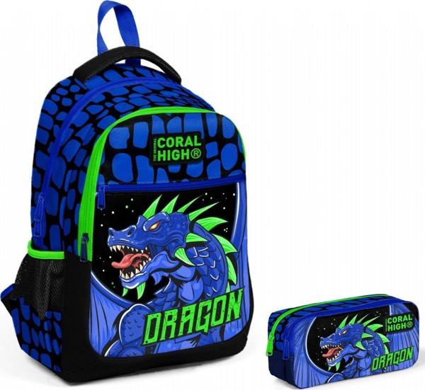 Coral High Mavi Yeşil Dragon İlkokul Ortaokul Sırt Çantası ve Kalemlik Seti - Image 1
