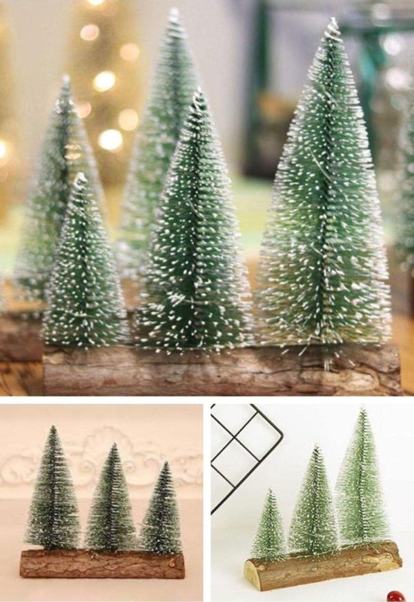 3 Lü Set Meşe Kütük Üzerinde Çam Ağaçları Nevada Mini Çam Ağaçları Yılbaşı Hediyesi 16-12-10  CM Çam - Image 1