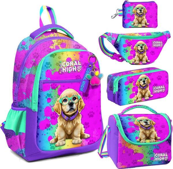Coral High Mor Pembe Köpek Desenli Kız Çocuk Beşli Okul Çanta Seti - İlkokul İçin Uygun - Image 1