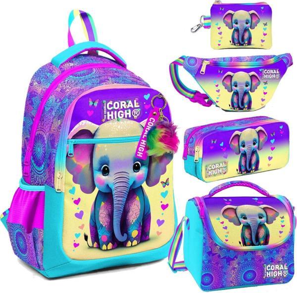 Coral High Pembe Turkuaz Fil Desenli Kız Çocuk Beşli Okul Çanta Seti - İlkokul İçin Uygun - Image 1