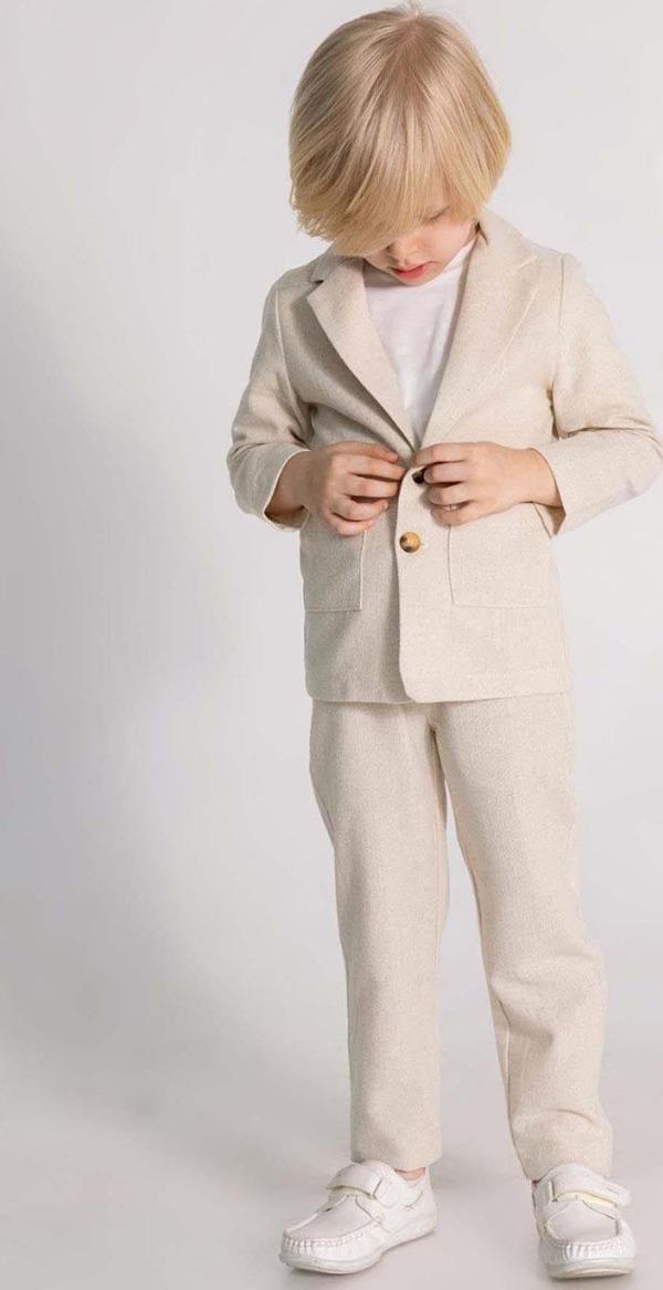 Erkek Çocuk Kruvaze Yaka Kesim Çift Cepli Keten Blazer Ceket Penye T-Shirt Krem Keten Alt Üst Takım - Image 1