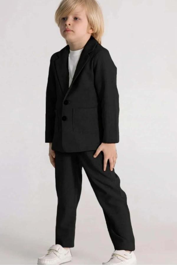 Erkek Çocuk Kruvaze Yaka Kesim Çift Cepli Keten Blazer Ceket Penye T-Shirt Siyah Keten Alt Üst Takı - Image 1