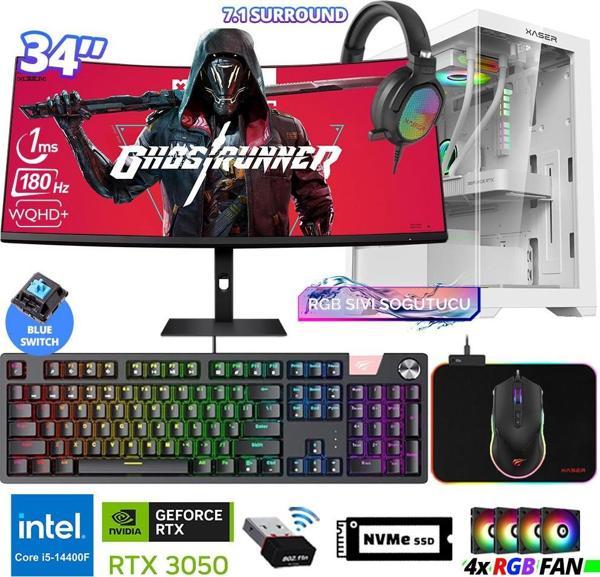 Xaser Delux X102 i5 14400F 16GB DDR5 Ram 512GB M.2 NVMe SSD 6GB RTX3050 34" 180Hz Sıvı Soğutmalı Oyuncu Bilgisayarı - Image 1