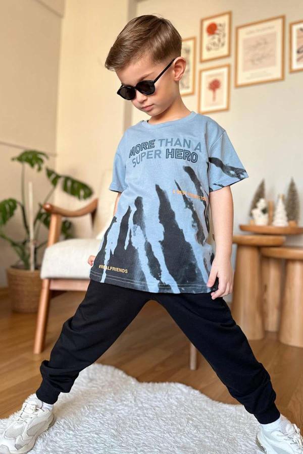 Erkek Çocuk More Than Yazı ve Eskitme Yazı Baskı Detaylı T-Shirt Mavi Eşofman Takım - Image 1