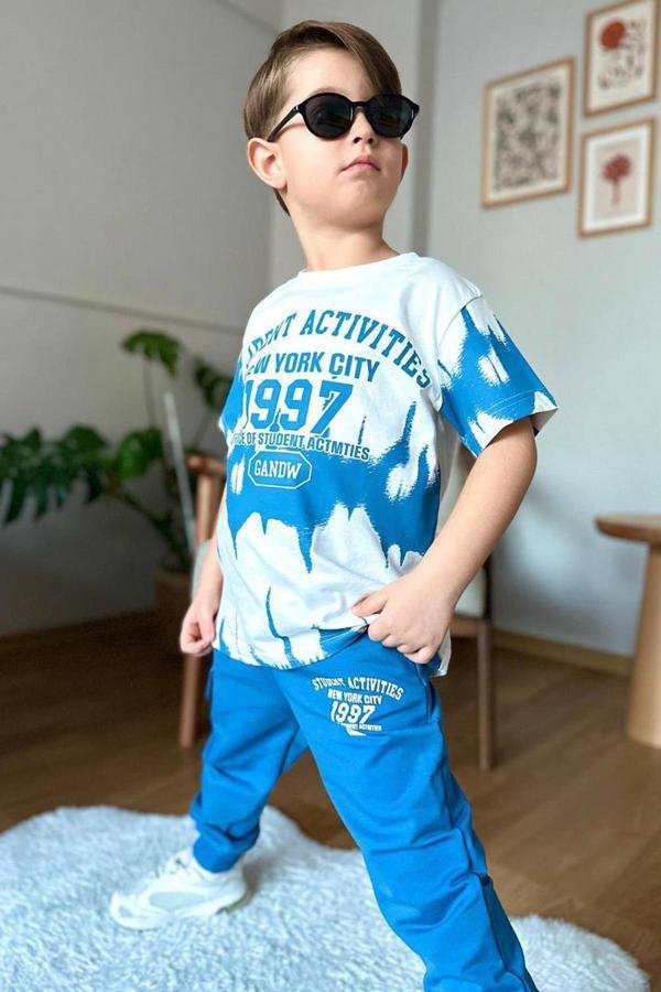 Erkek Çocuk New York City ve Yazı Baskılı T-Shirt Mavi Eşofman Takım - Image 1