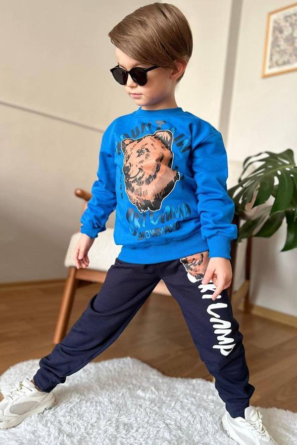 Erkek Çocuk Digital Ayı ve Mountain Yazı Baskılı Mavi Eşofman Takım - Image 1