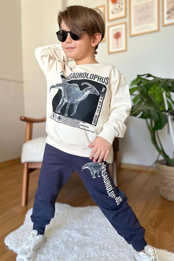 Erkek Çocuk Üzerinde Parasaurolophus Figürlü ve Yazı Baskılı Siyah Eşofman Takım - Image 1