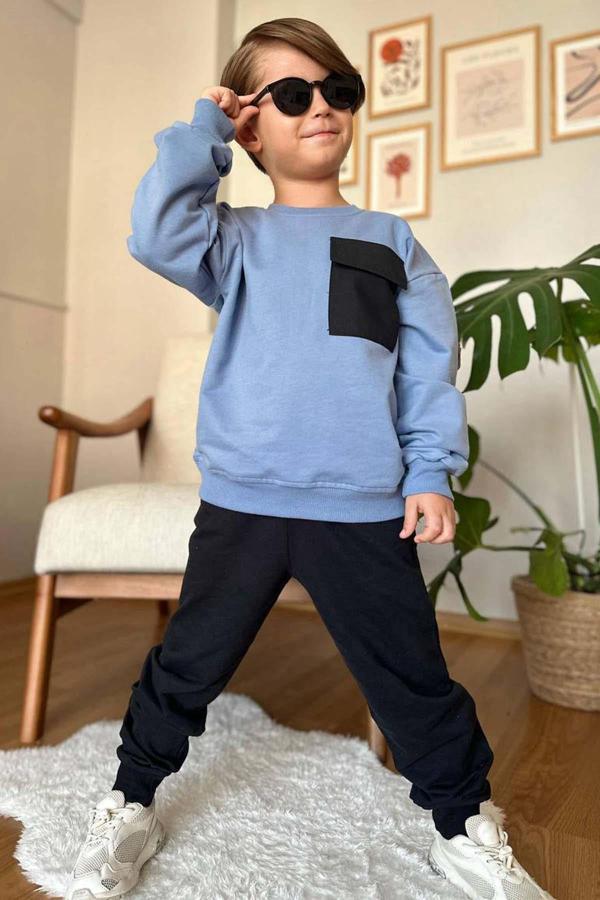 Erkek Çocuk Kapak Cepli Bisiklet Yaka Sweatshirt Mavi Eşofman Takım - Image 1
