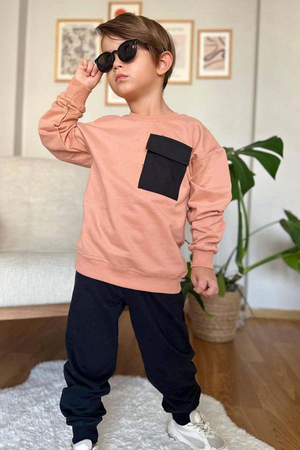 Erkek Çocuk Kapak Cepli Bisiklet Yaka Sweatshirt Somon Eşofman Takım - Image 1