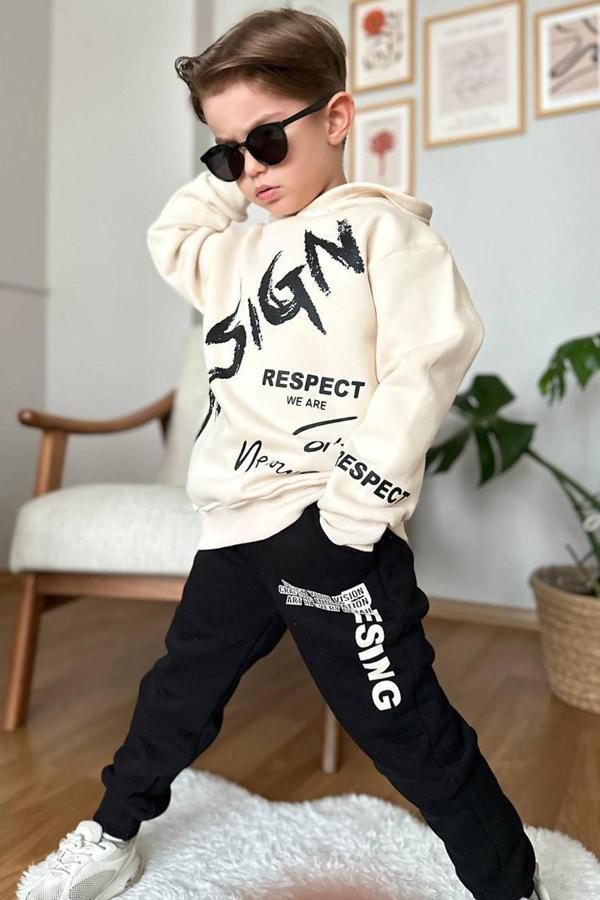 Erkek Çocuk Çift Baskılı Respect Design Yazı Şardonlu Siyah Alt Eşofman Takım - Image 1