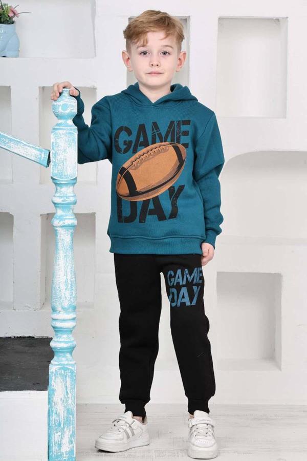 Erkek Çocuk Üzerinde Top ve Game Day Yazı Baskılı Sweatshirt 3 İplik Lacivert Eşofman Takım - Image 1