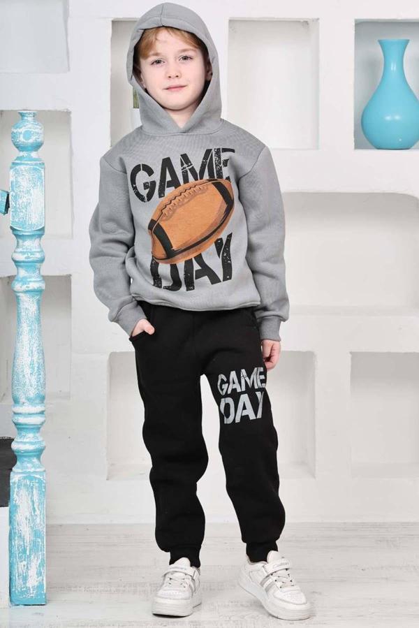 Erkek Çocuk Üzerinde Top ve Game Day Yazı Baskılı Sweatshirt 3 İplik Gri Eşofman Takım - Image 1