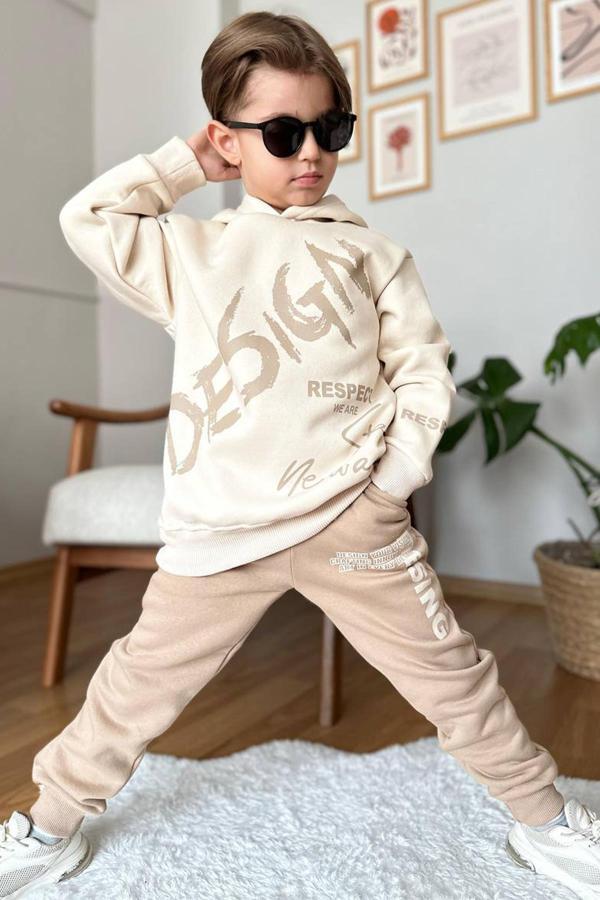 Erkek Çocuk Çift Baskılı Respect Design Yazı Şardonlu Krem Eşofman Takım - Image 1