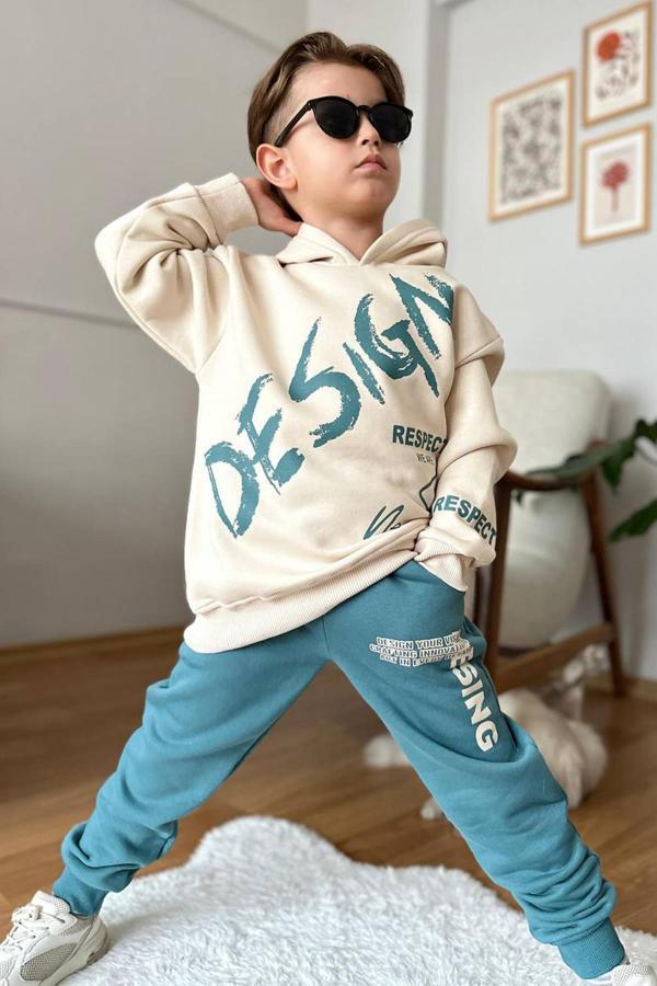 Erkek Çocuk Çift Baskılı Respect Design Yazı Şardonlu Yeşil Eşofman Takım - Image 1