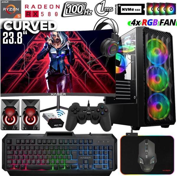 Xaser Xsr1037 Ryzen 5 3600 16GB Ram 512GB M.2 NVMe SSD 8GB RX580 23.8" 100Hz Curved Oyuncu Masaüstü Bilgisayarı - Image 1