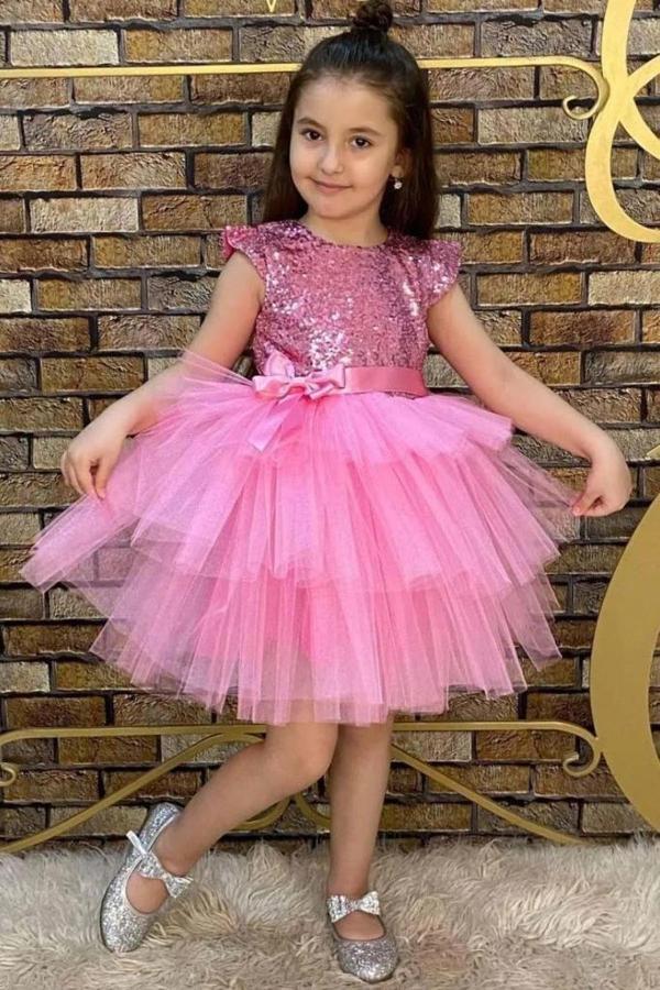 Kız Çocuk Üstü Pulpayet İşlemeli Katkat Pembe Abiye - Image 1